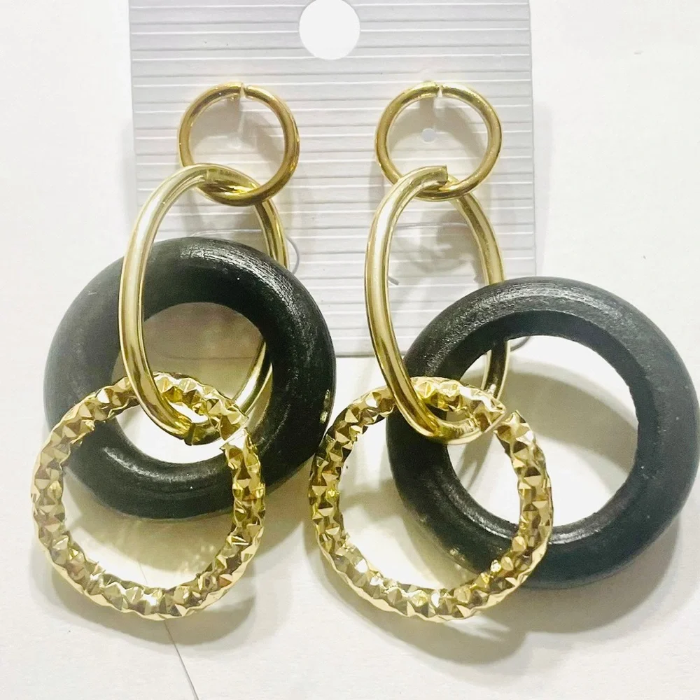 Multi-Shape Colorful Wooden with Gold-Tone Dangle Earrings, Push Back Closure - Picture 9 of 13